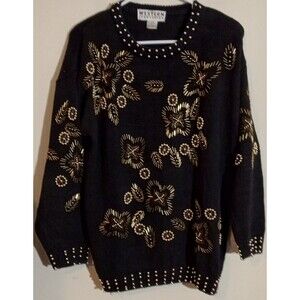 Retro 1980s Black Gold Floral Beaded Sweater Shoulder Pads Grandma Chic Small